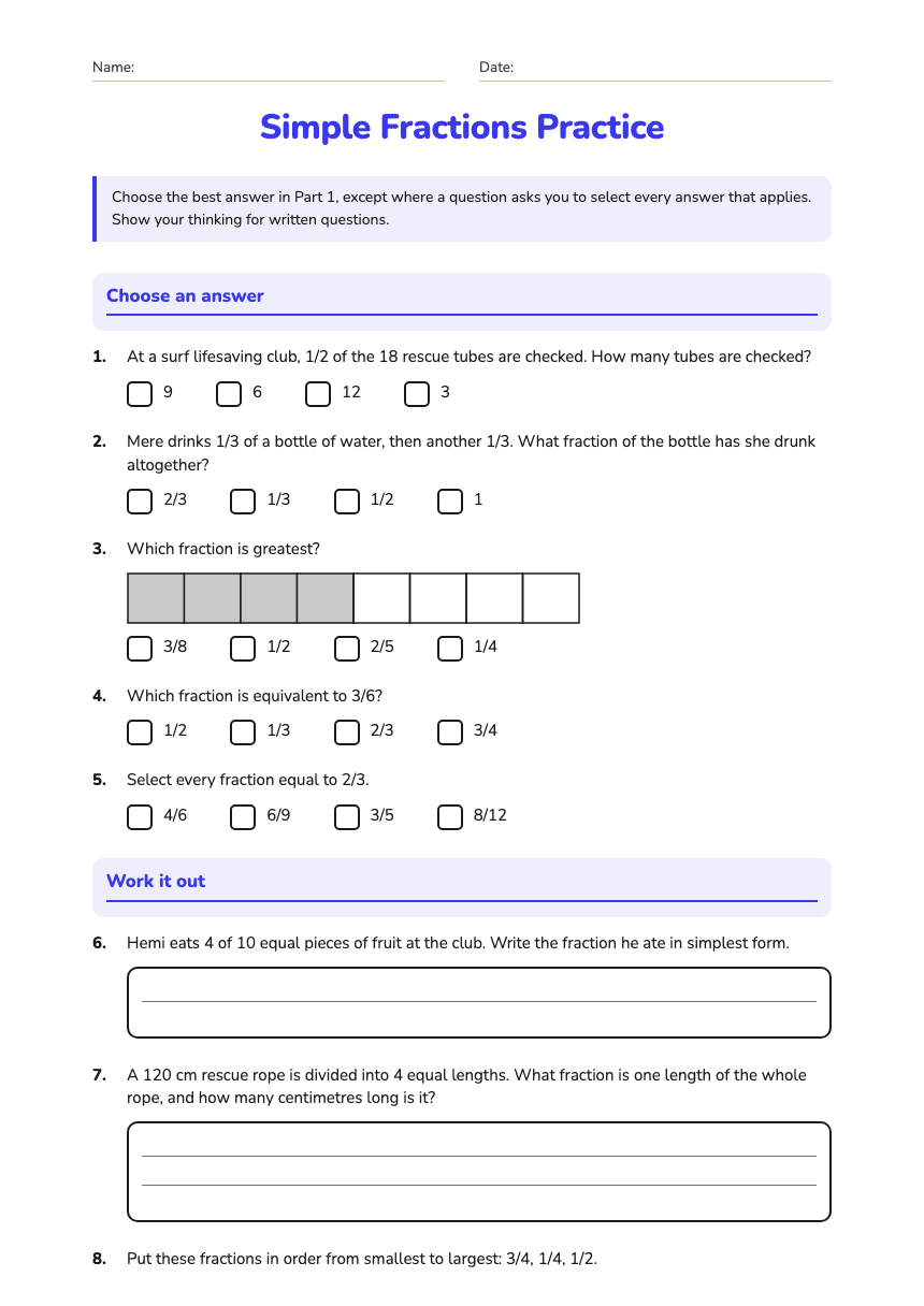 Simple Fractions Practice worksheet preview