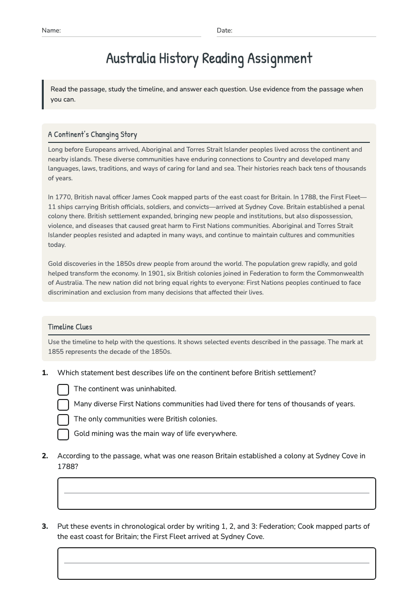 Australia History Reading Assignment worksheet preview