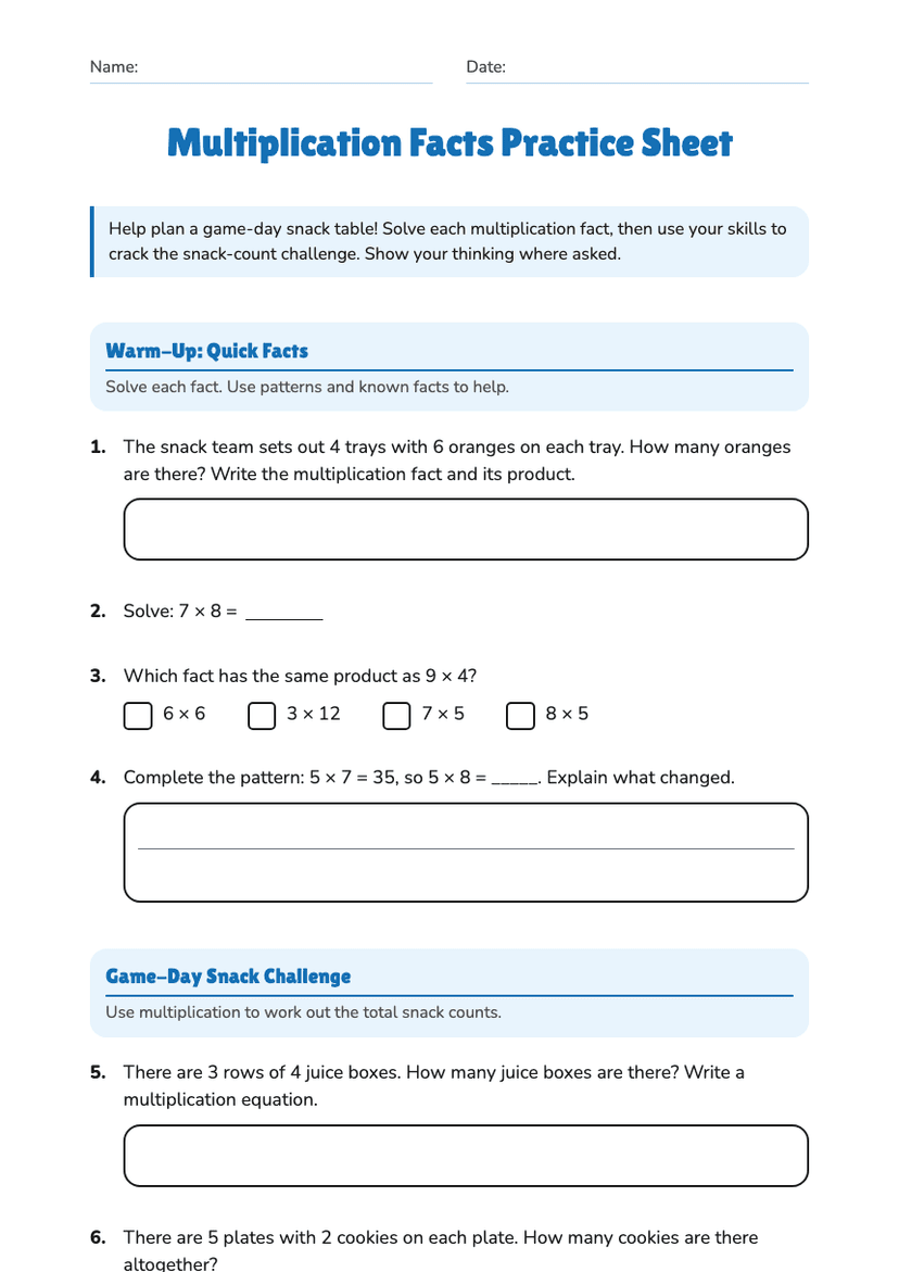 Multiplication Facts Practice Sheet