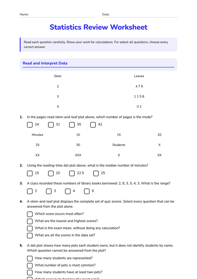 Statistics Review Worksheet