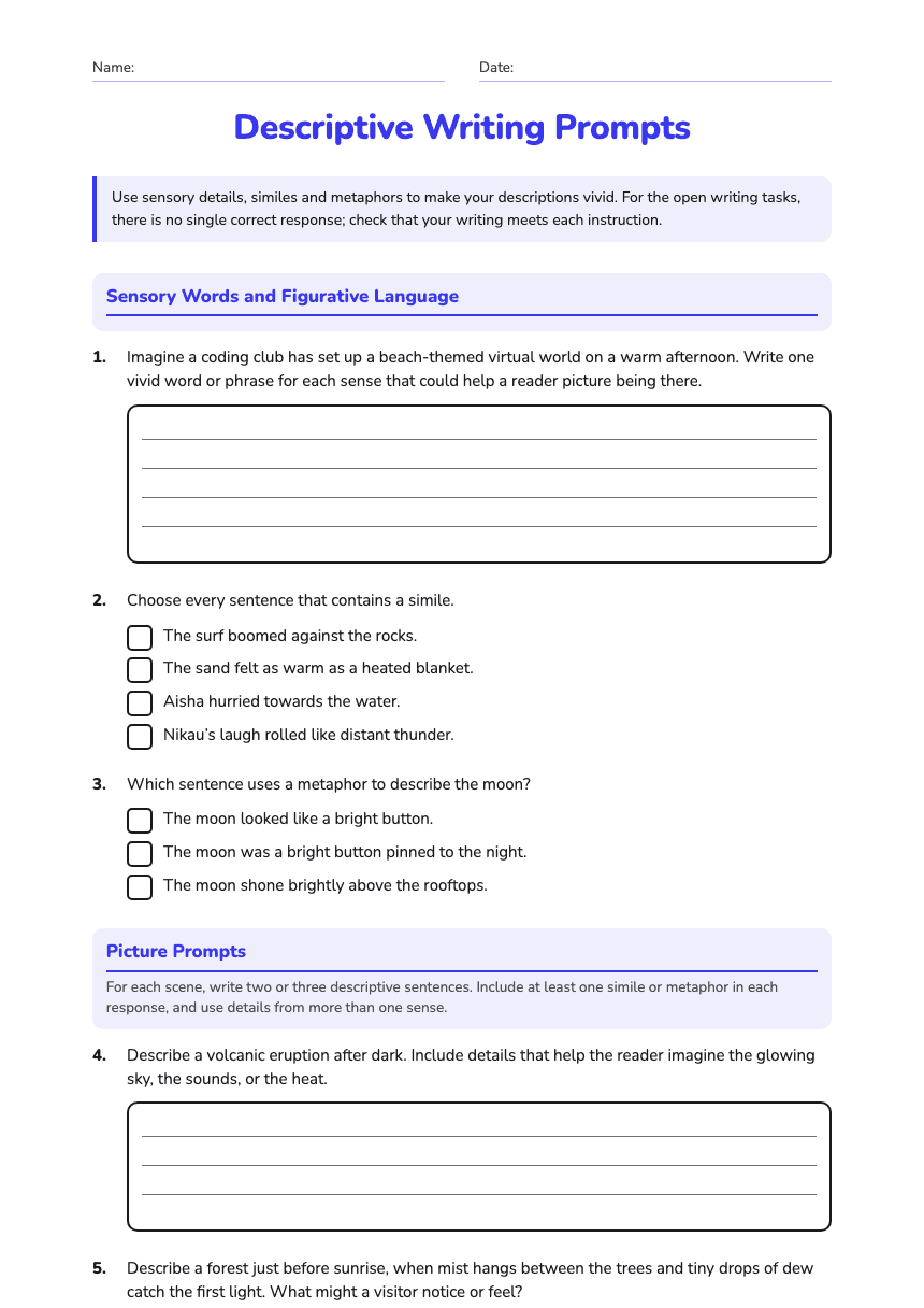 Descriptive Writing Prompts worksheet preview