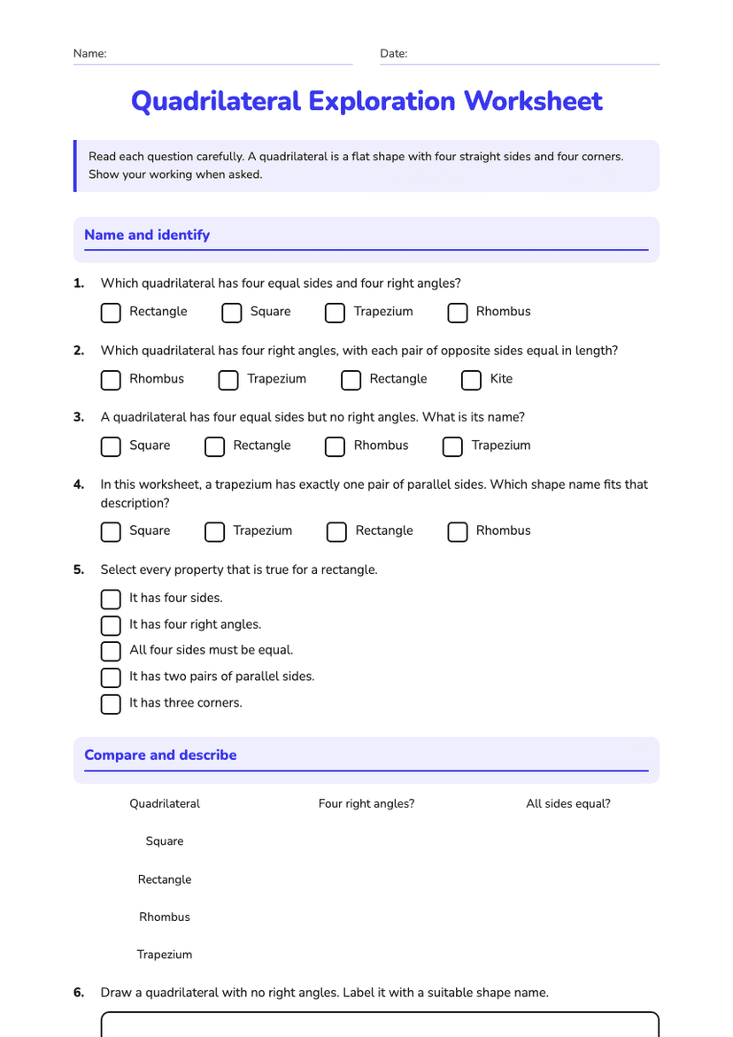 Quadrilateral Exploration Worksheet