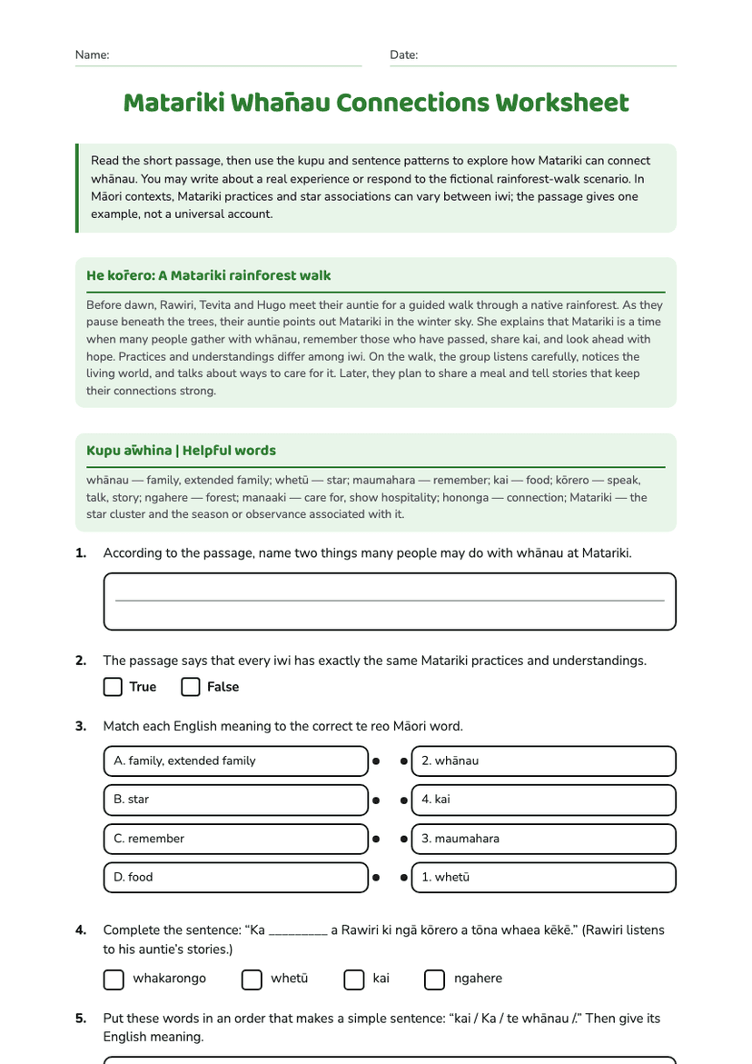 Matariki Whānau Connections Worksheet