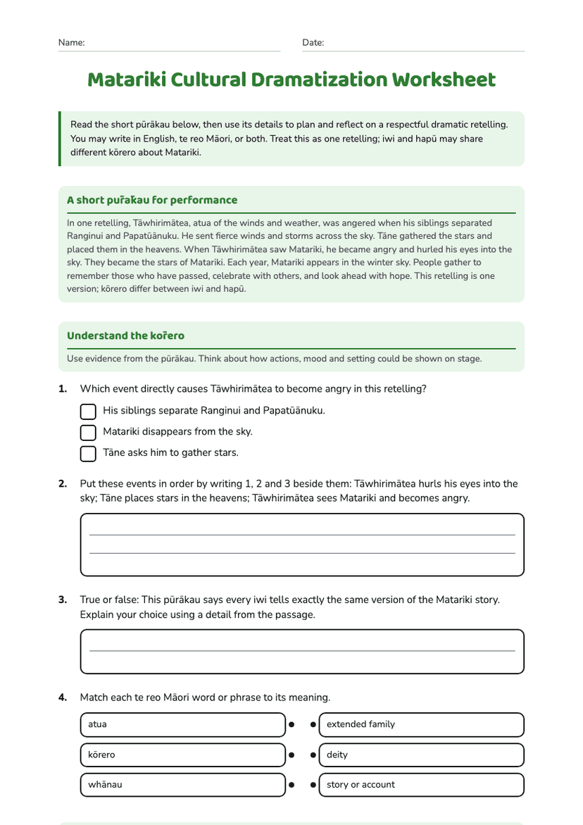 Matariki Cultural Dramatization Worksheet