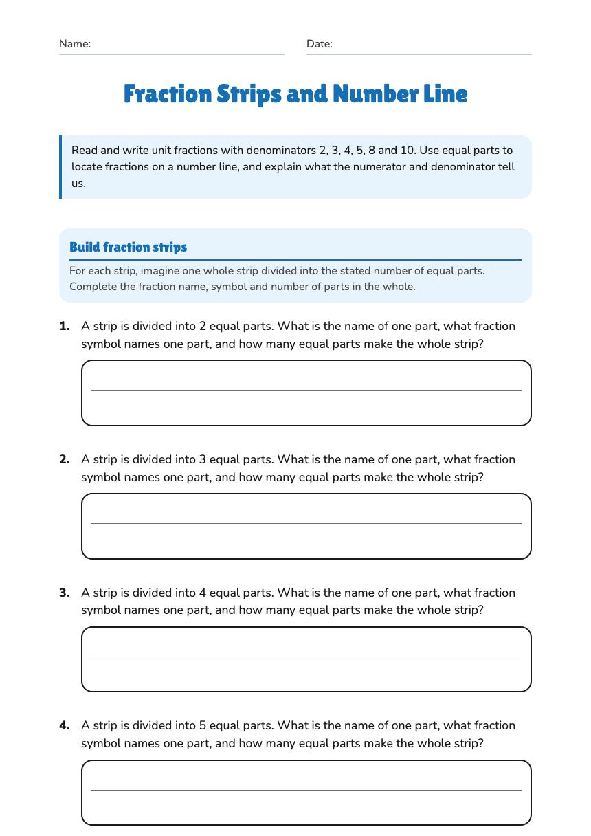 Fraction Strips and Number Line worksheet preview