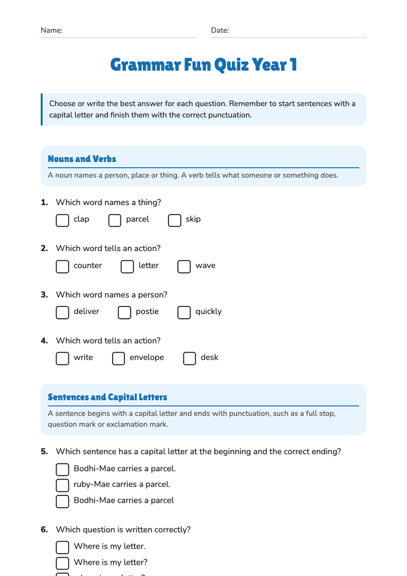 Grammar Fun Quiz Year 1