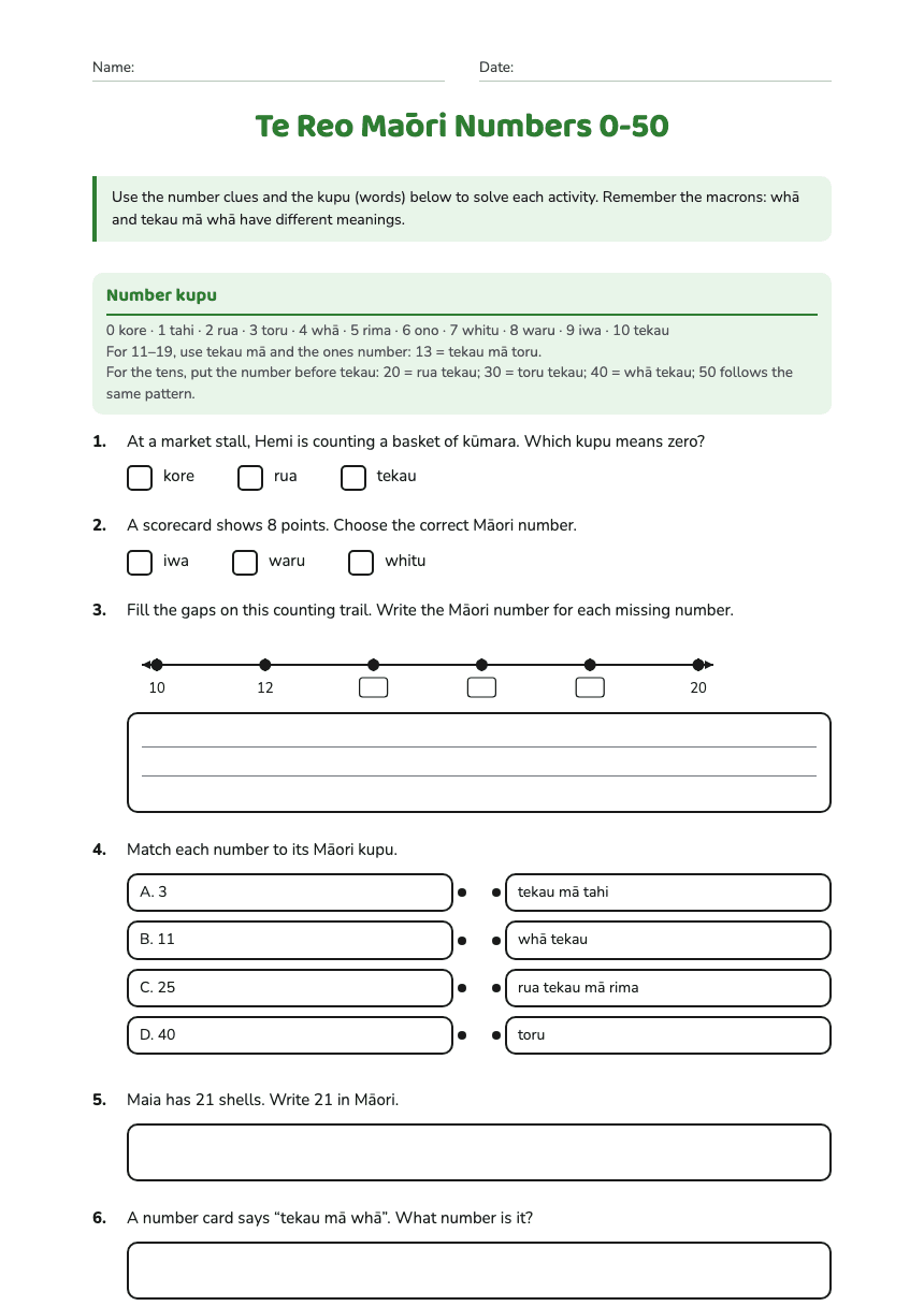 Te Reo Māori Numbers 0-50 worksheet preview