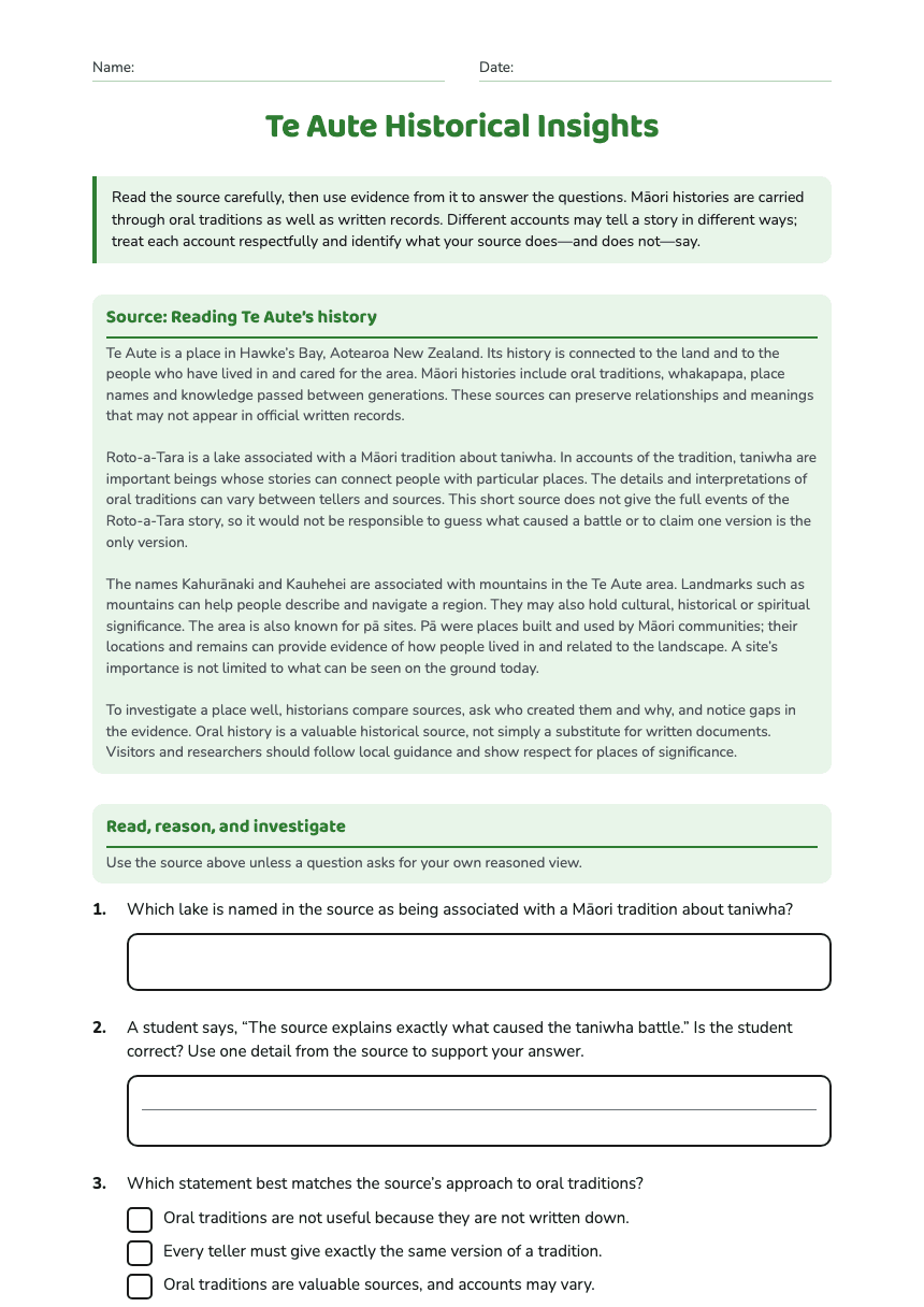 Te Aute Historical Insights worksheet preview