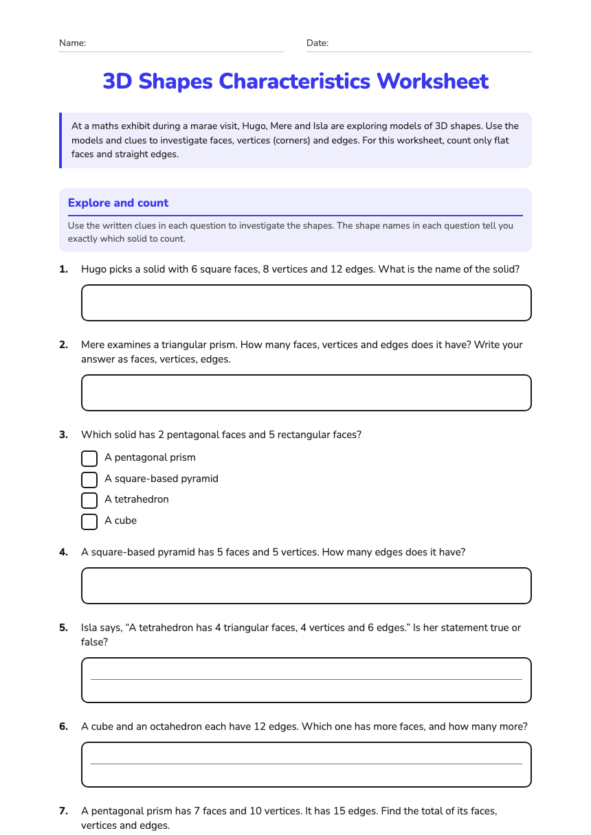 3D Shapes Characteristics Worksheet worksheet preview