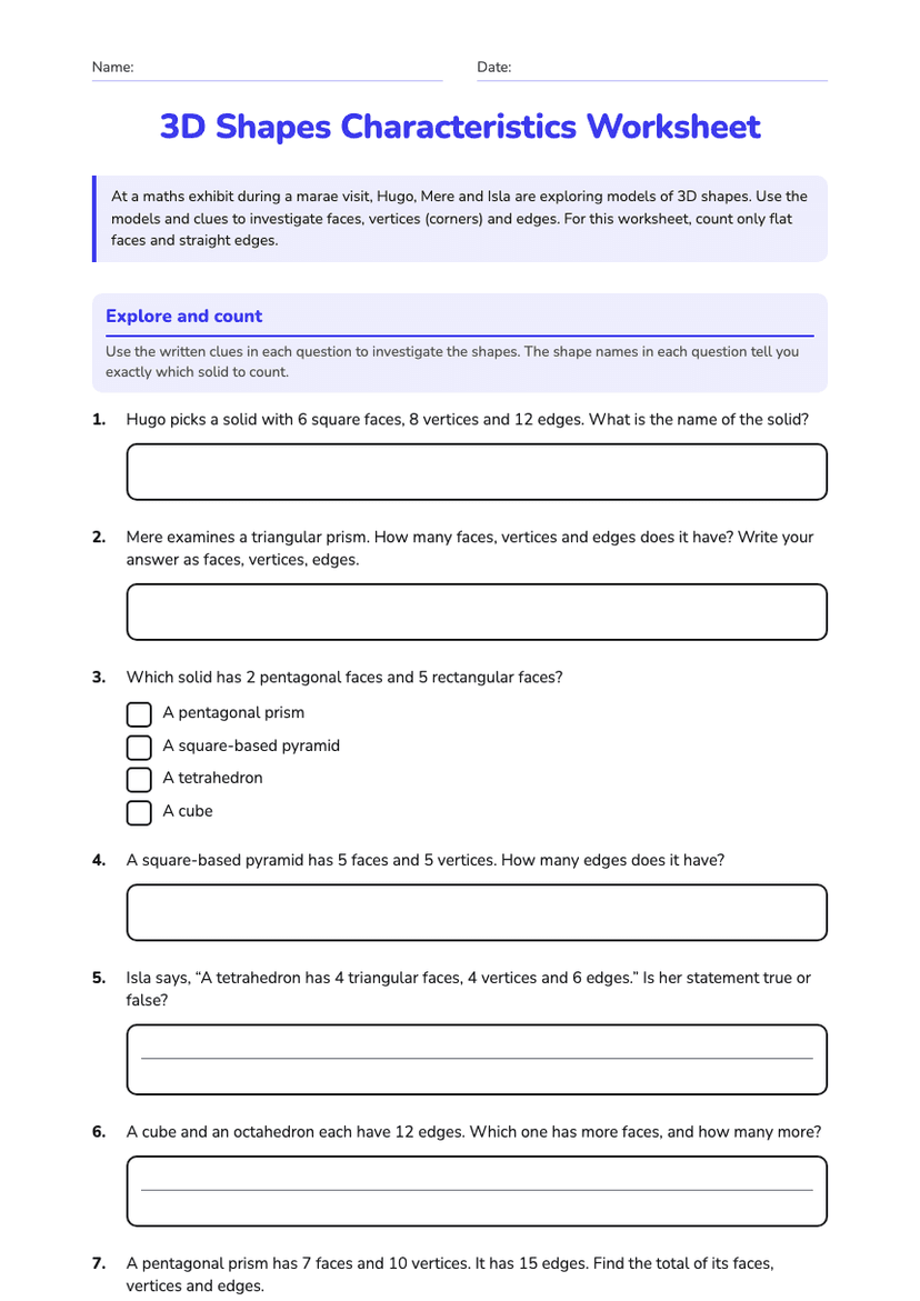 3D Shapes Characteristics Worksheet