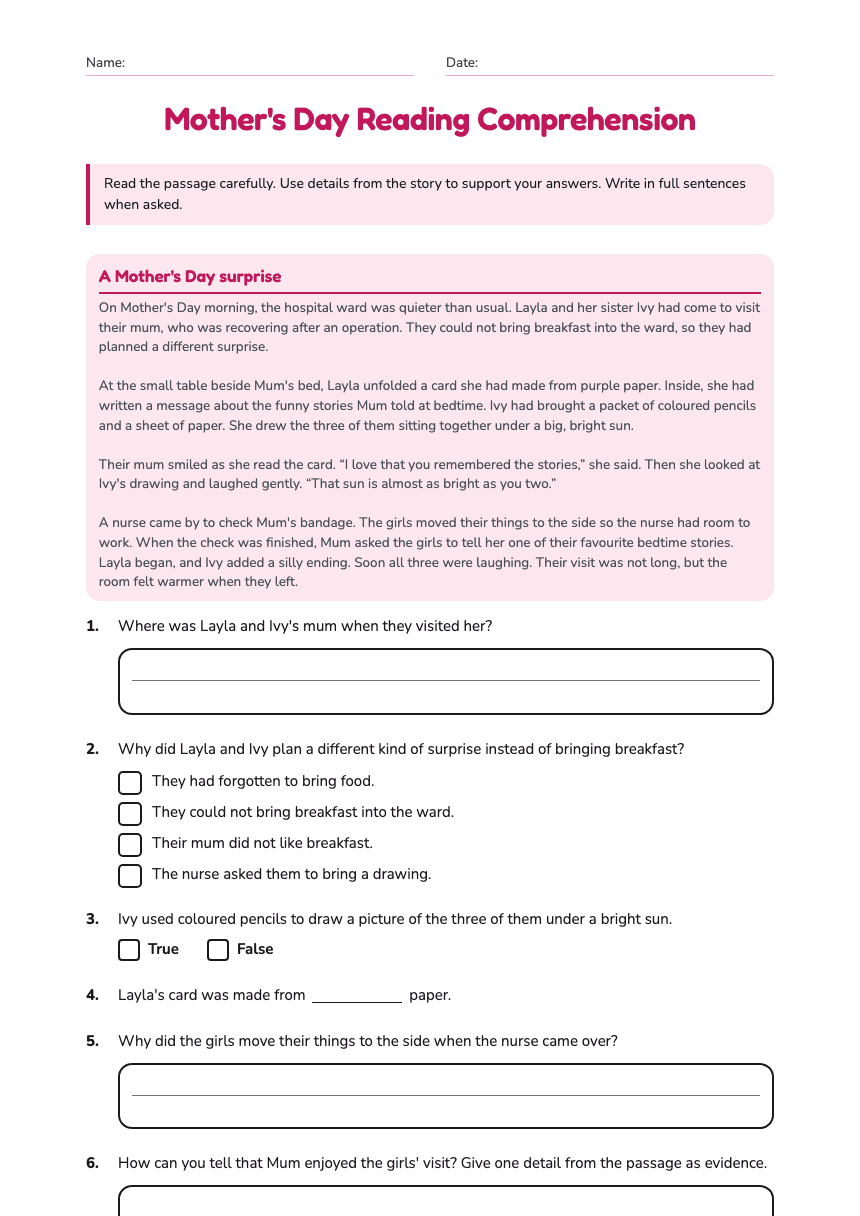 Mother's Day Reading Comprehension worksheet preview