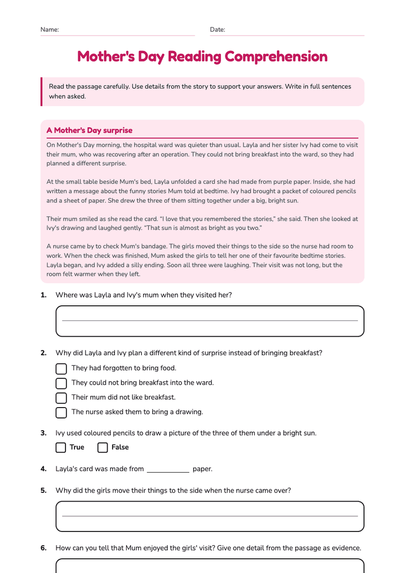 Mother's Day Reading Comprehension