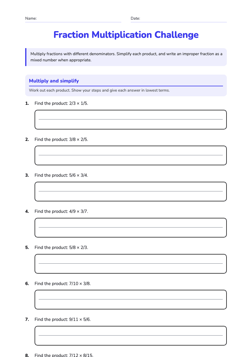 Fraction Multiplication Challenge worksheet preview