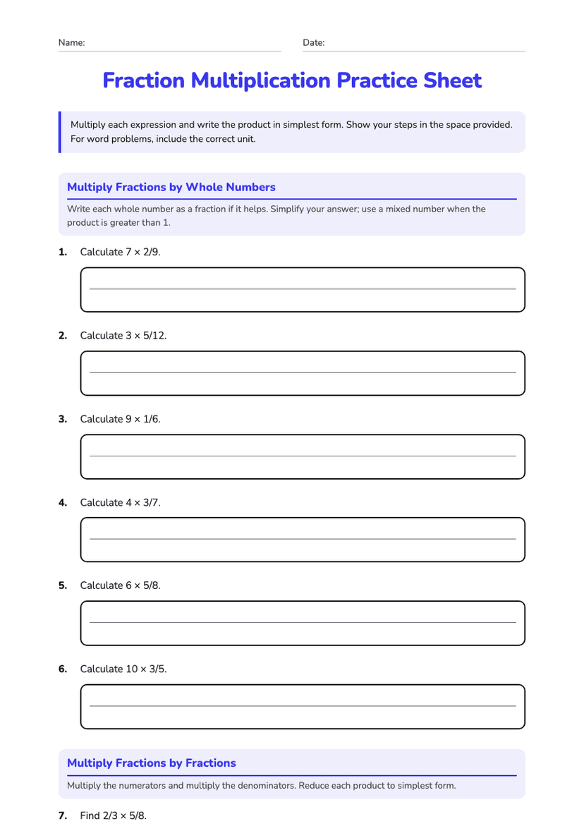 Fraction Multiplication Practice Sheet