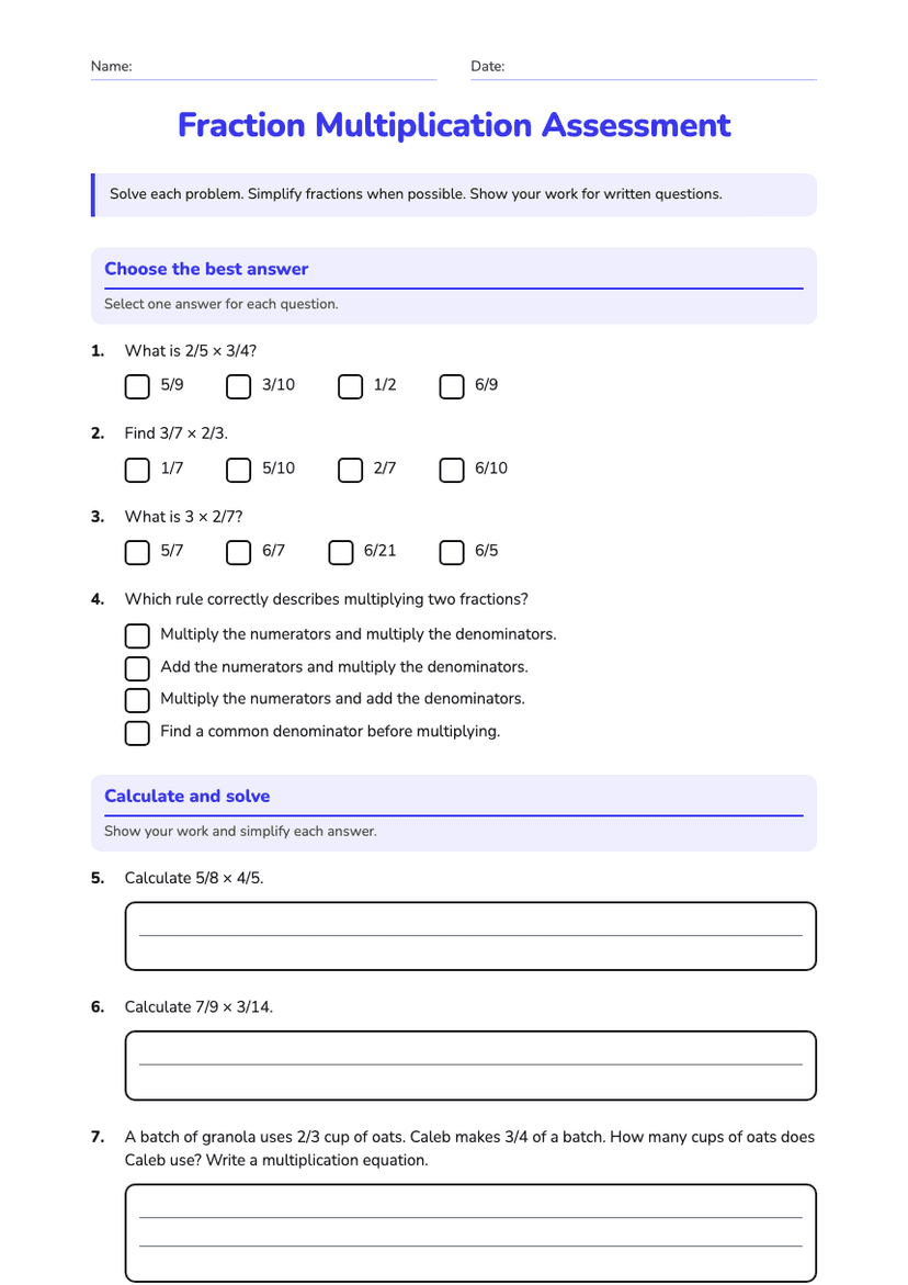 Fraction Multiplication Assessment
