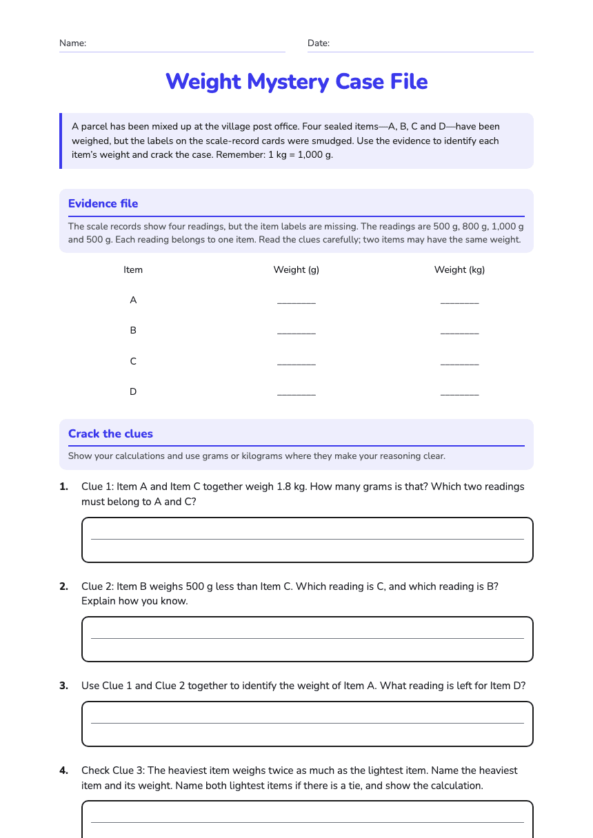 Weight Mystery Case File worksheet preview