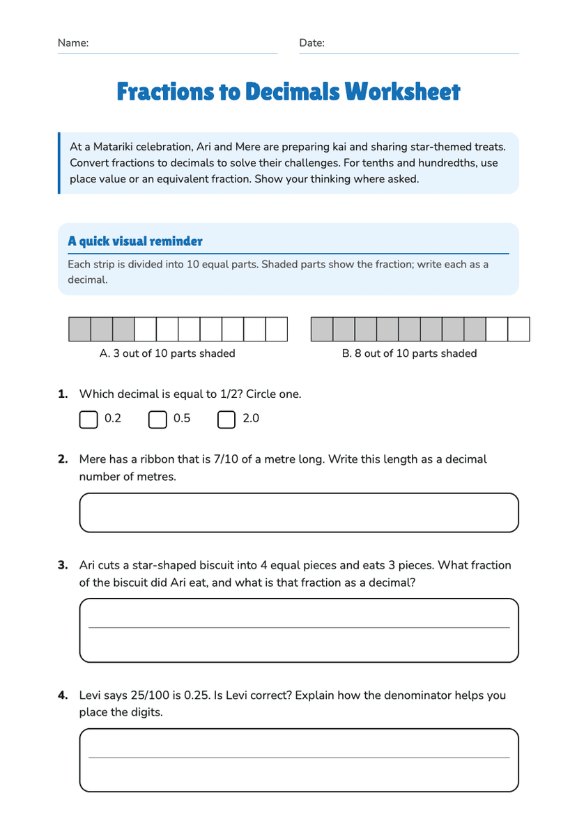 Fractions to Decimals Worksheet