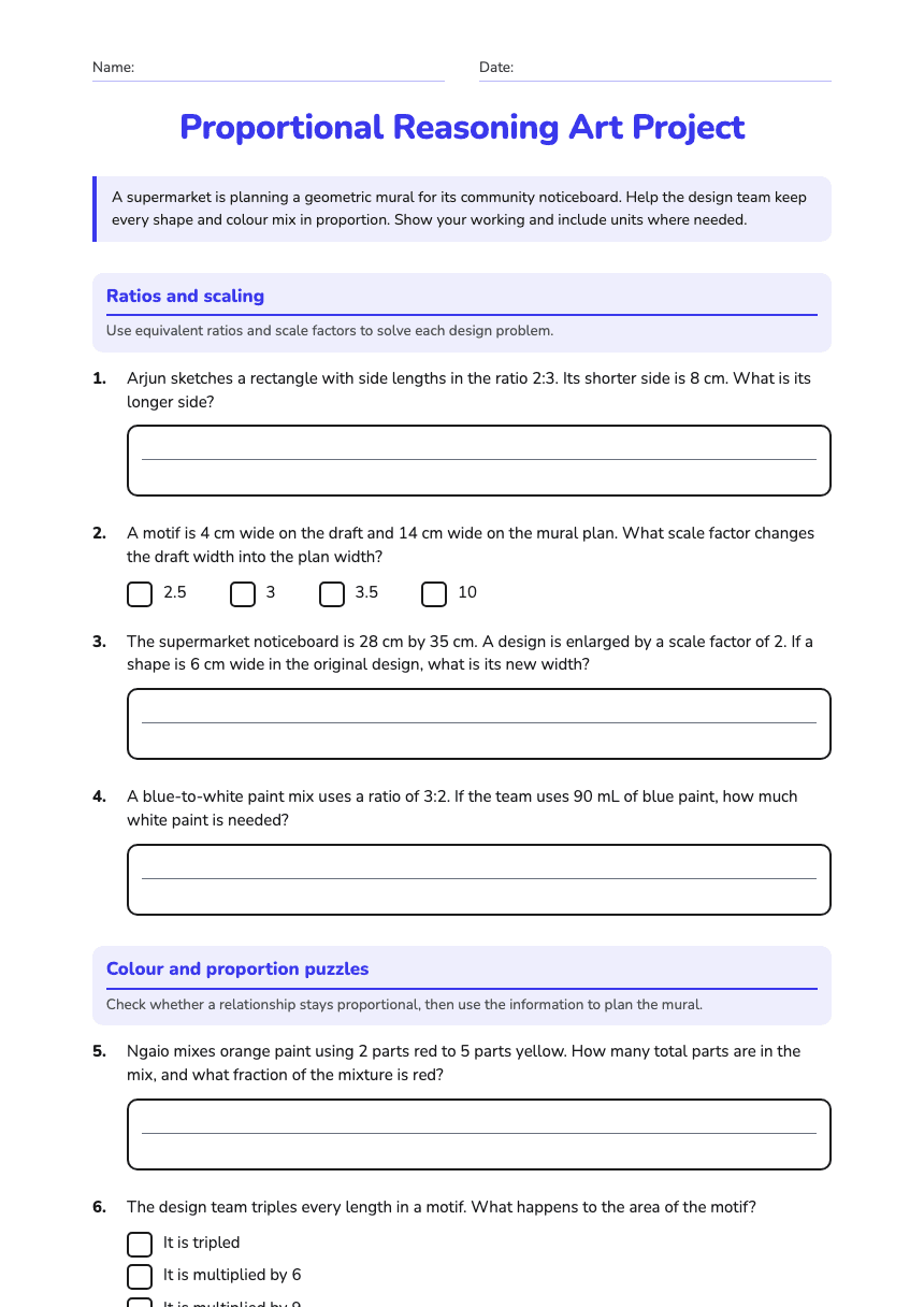 Proportional Reasoning Art Project worksheet preview