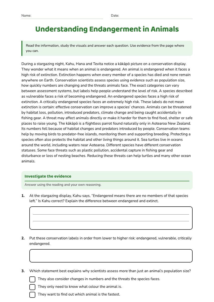 Understanding Endangerment in Animals worksheet preview