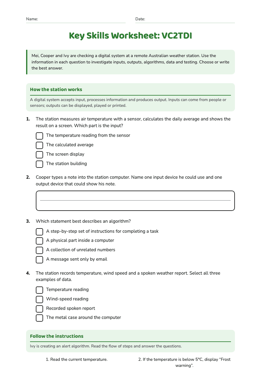Key Skills Worksheet: VC2TDI worksheet preview