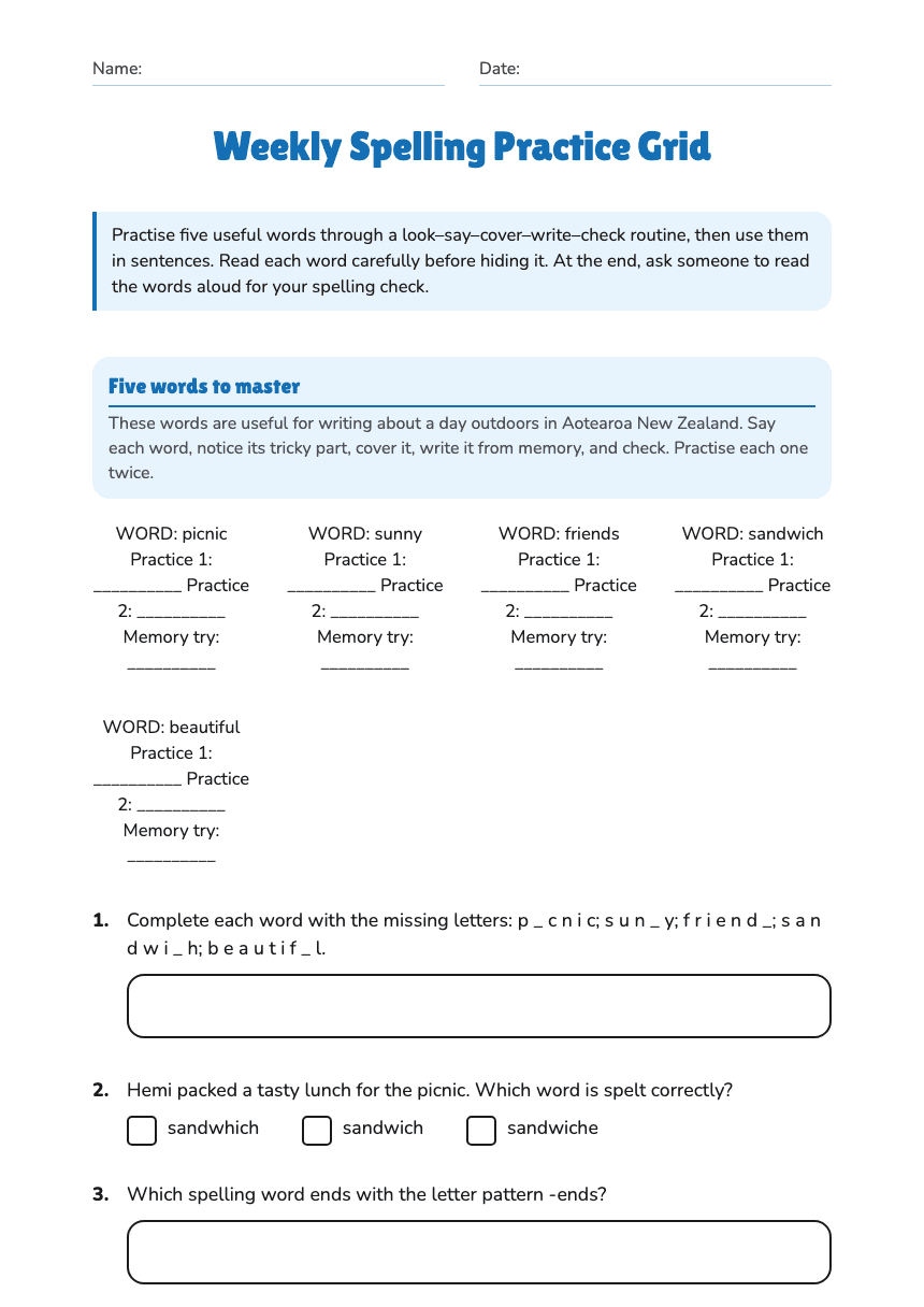 Weekly Spelling Practice Grid worksheet preview