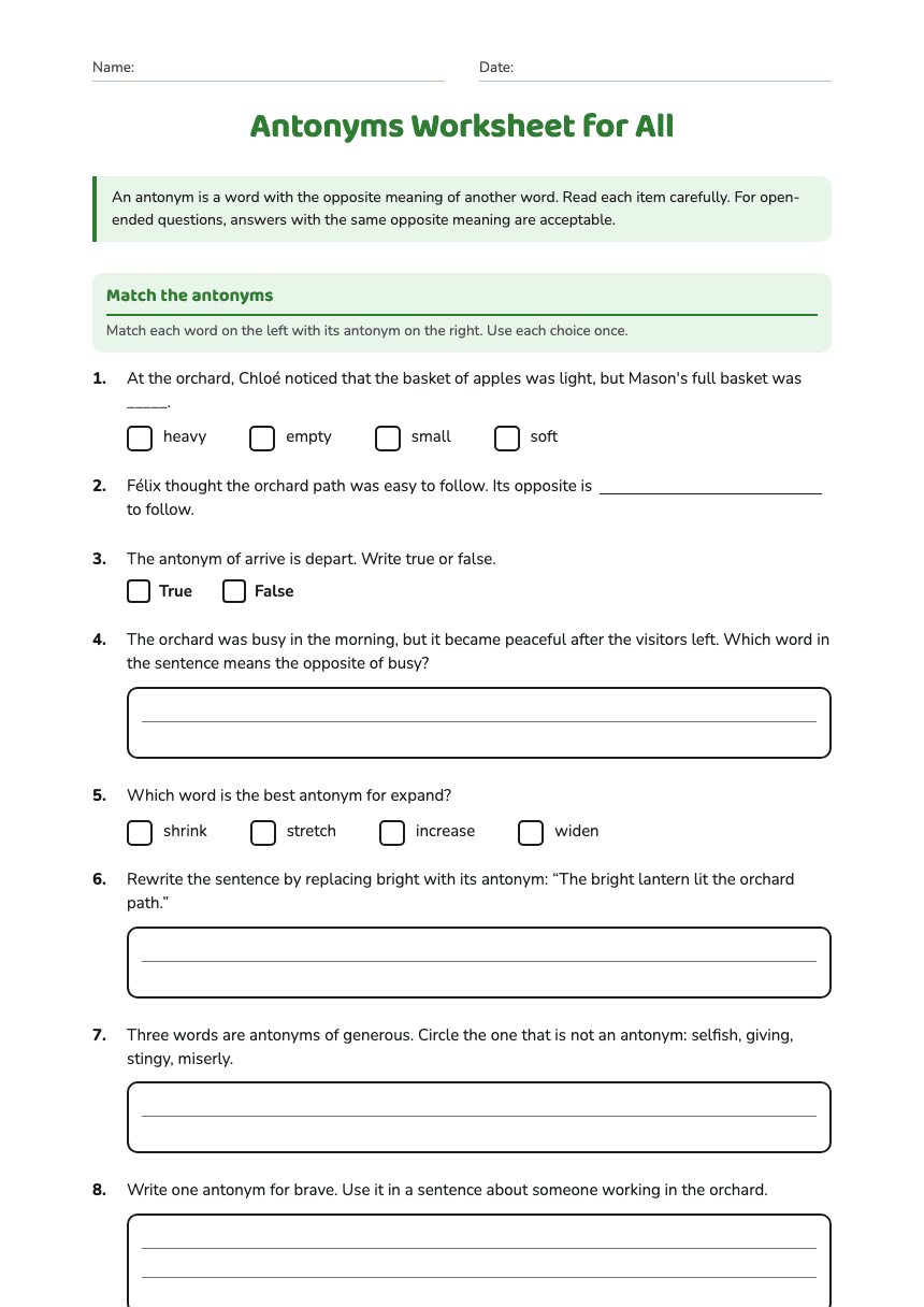 Antonyms Worksheet for All worksheet preview
