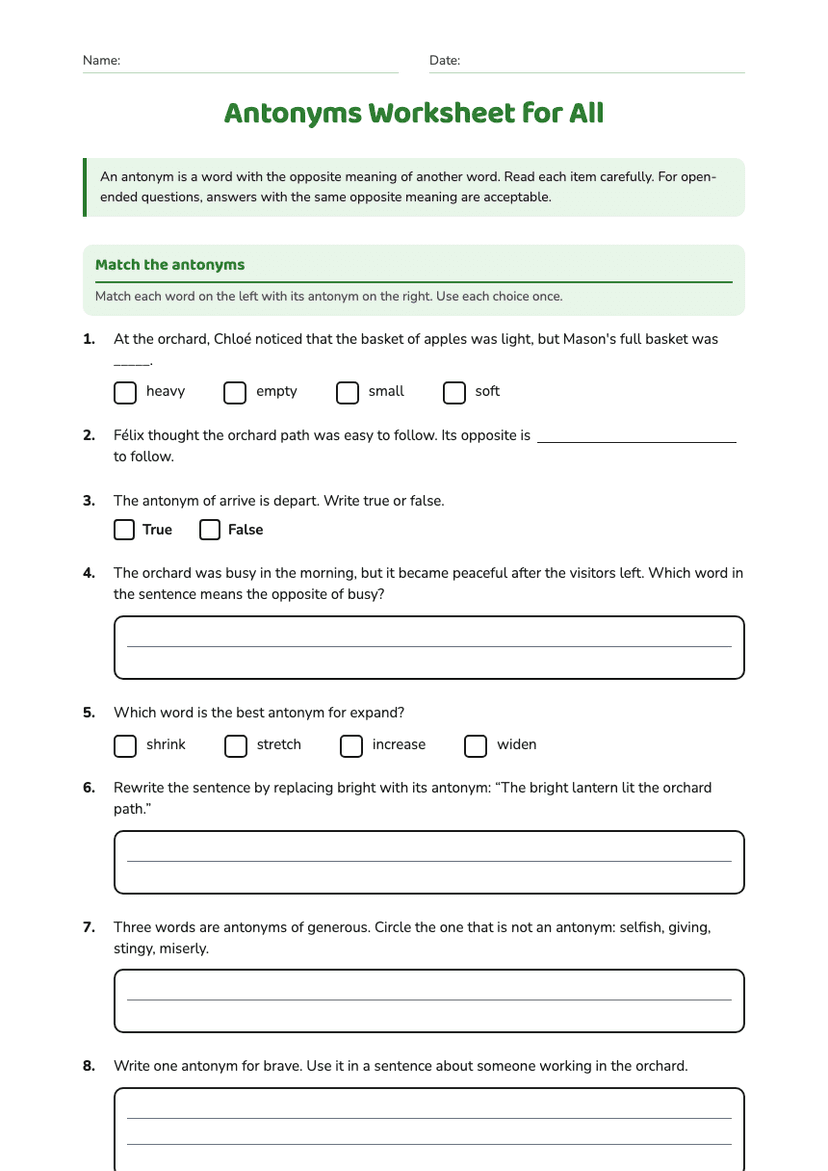 Antonyms Worksheet for All