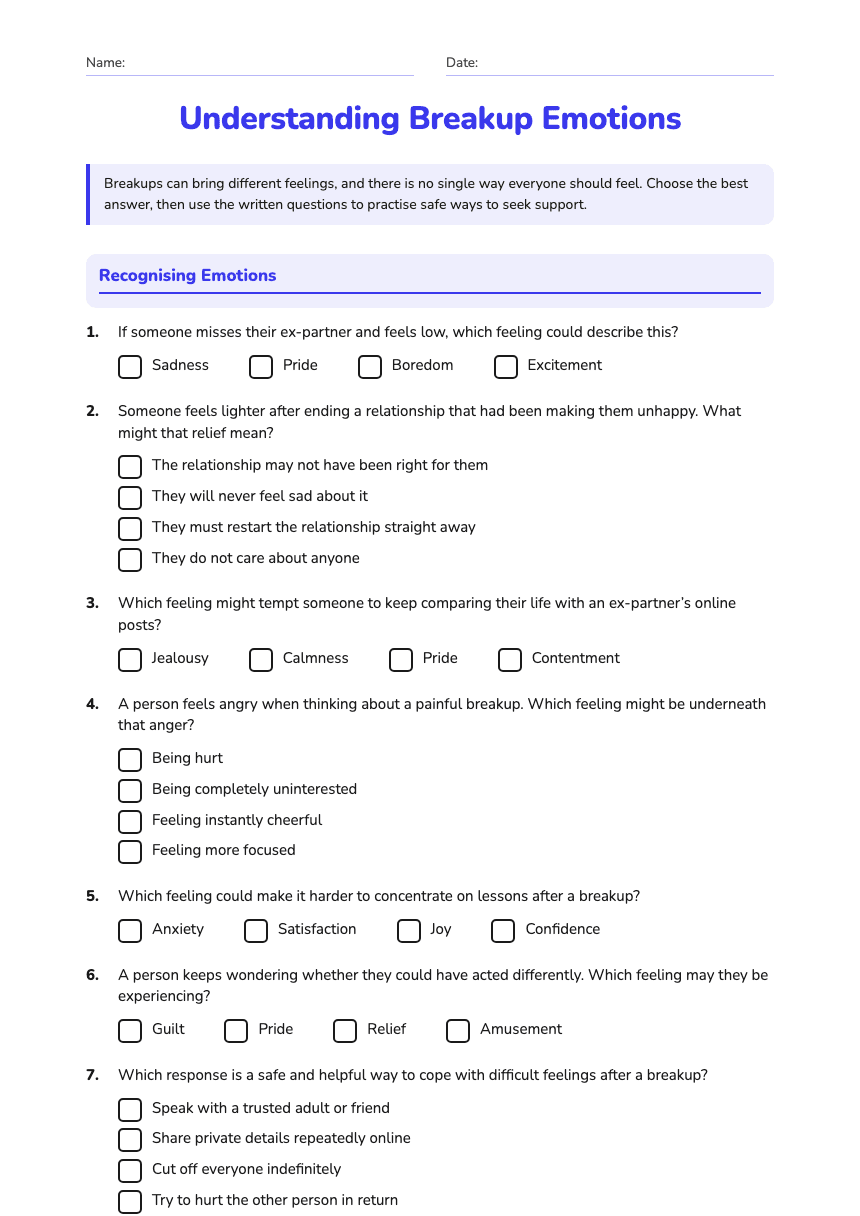 Understanding Breakup Emotions worksheet preview