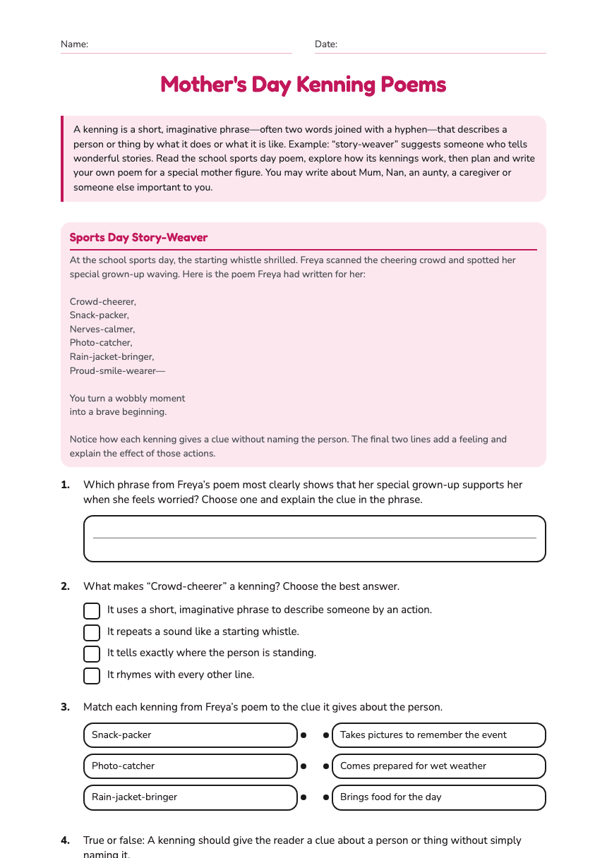 Mother's Day Kenning Poems worksheet preview