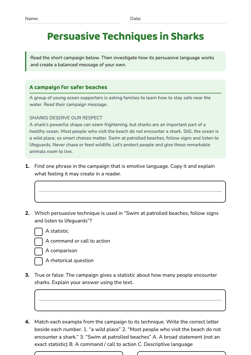 Persuasive Techniques in Sharks worksheet preview