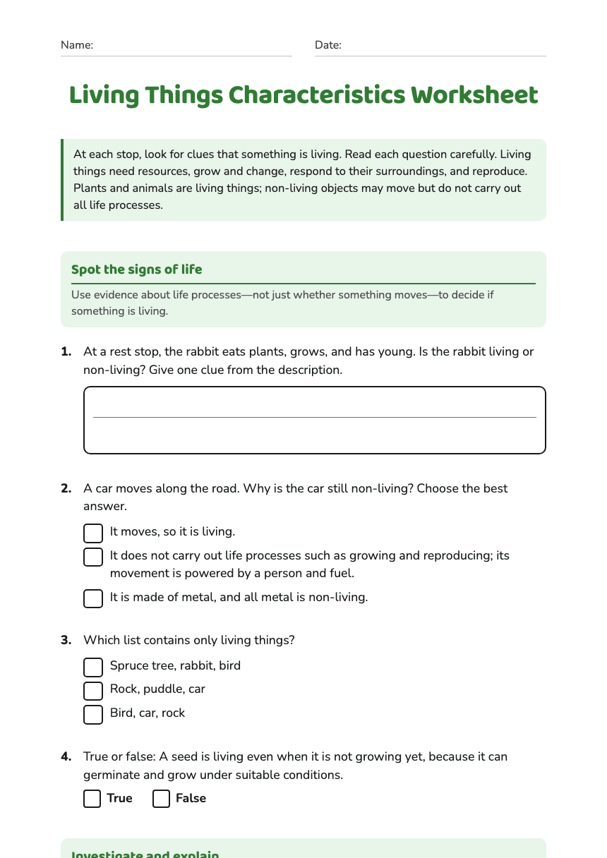 Living Things Characteristics Worksheet worksheet preview