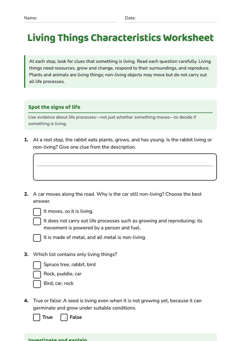 Living Things Characteristics Worksheet