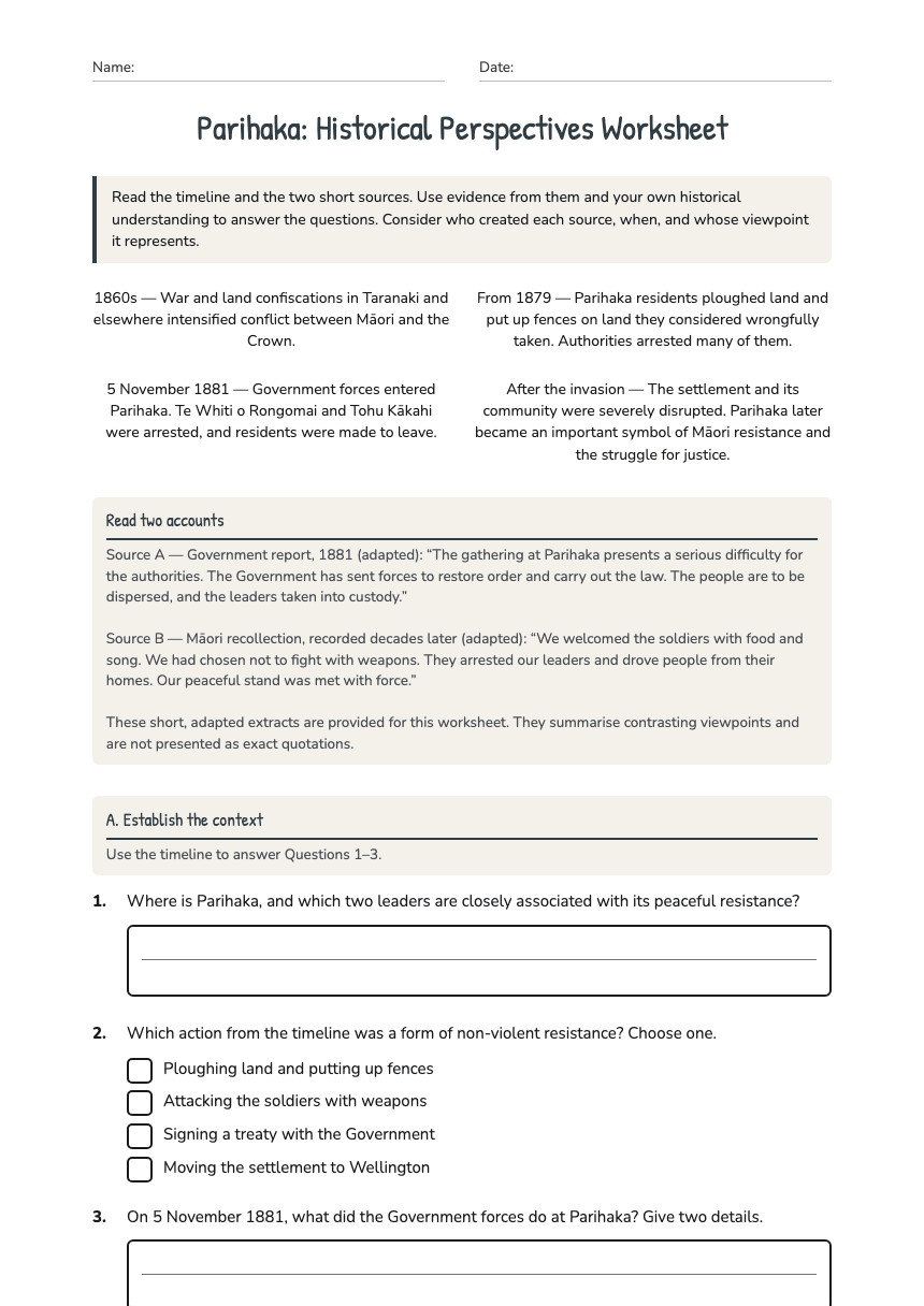 Parihaka: Historical Perspectives Worksheet worksheet preview