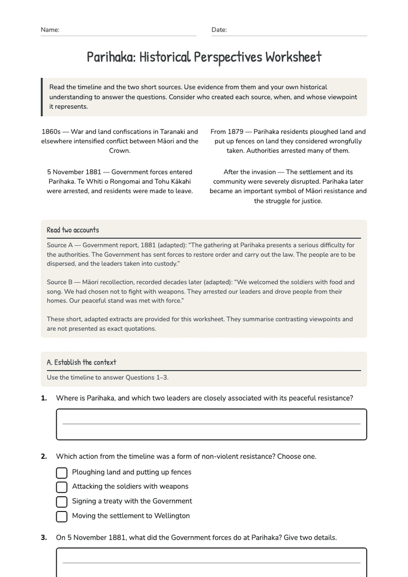 Parihaka: Historical Perspectives Worksheet