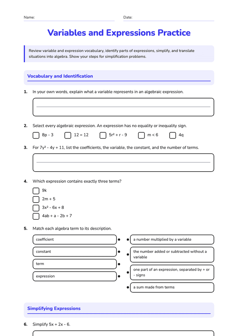 Variables and Expressions Practice