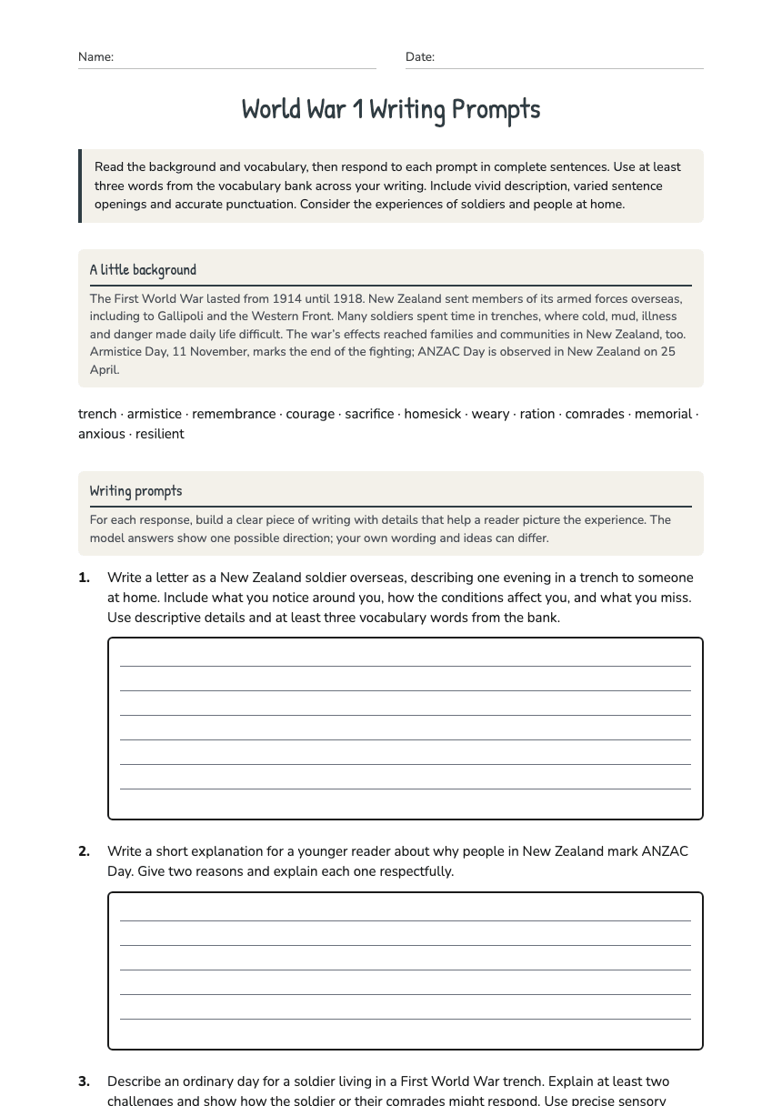 World War 1 Writing Prompts worksheet preview