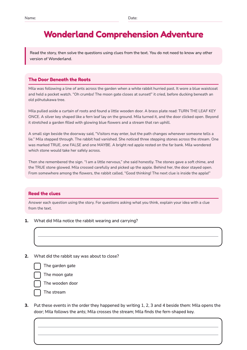 Wonderland Comprehension Adventure worksheet preview