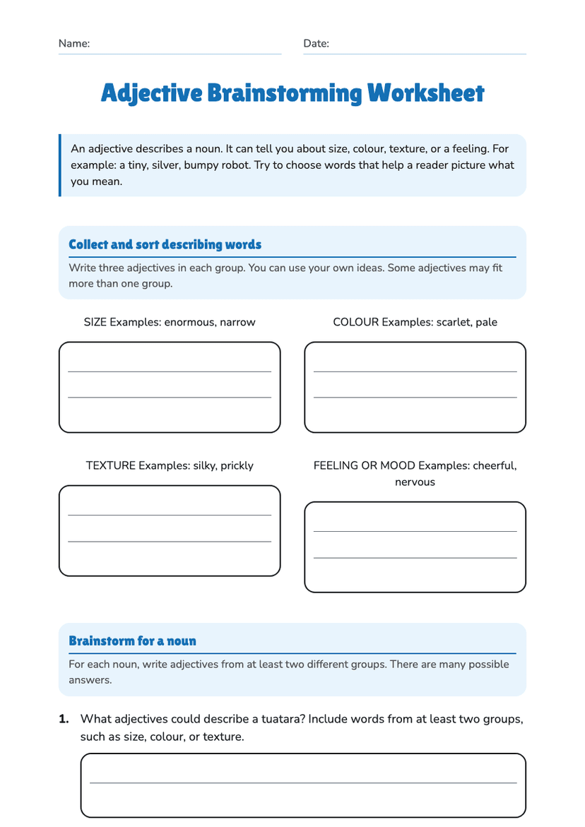 Adjective Brainstorming Worksheet