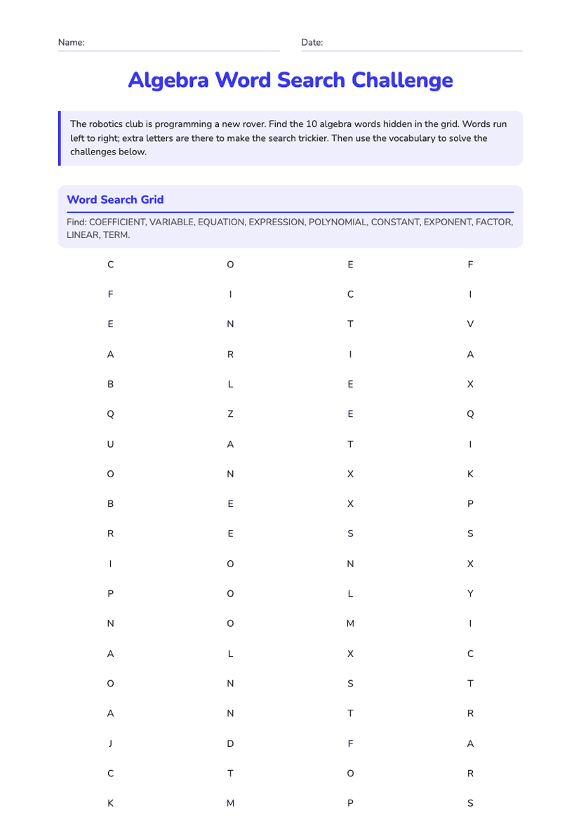 Algebra Word Search Challenge