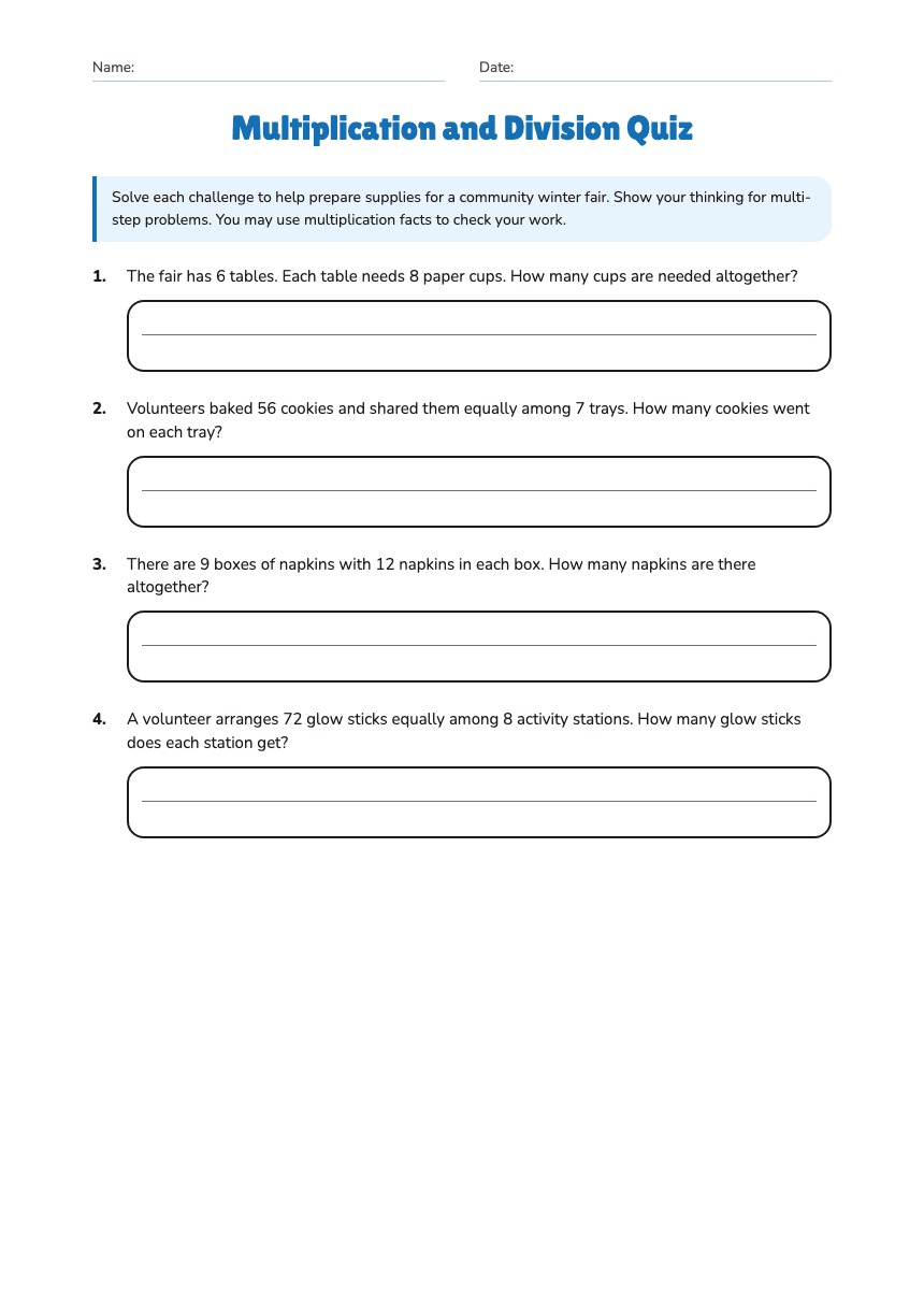 Multiplication and Division Quiz worksheet preview
