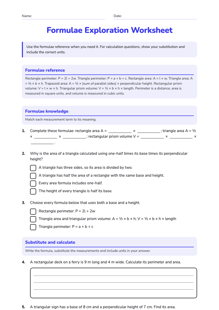Formulae Exploration Worksheet worksheet preview
