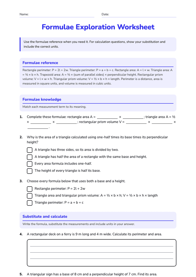 Formulae Exploration Worksheet