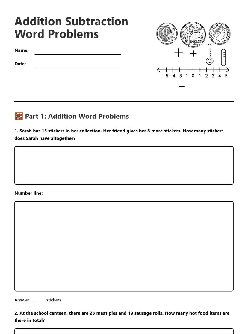 Addition Subtraction Word Problems — Free Printable Worksheet | Kuraplan