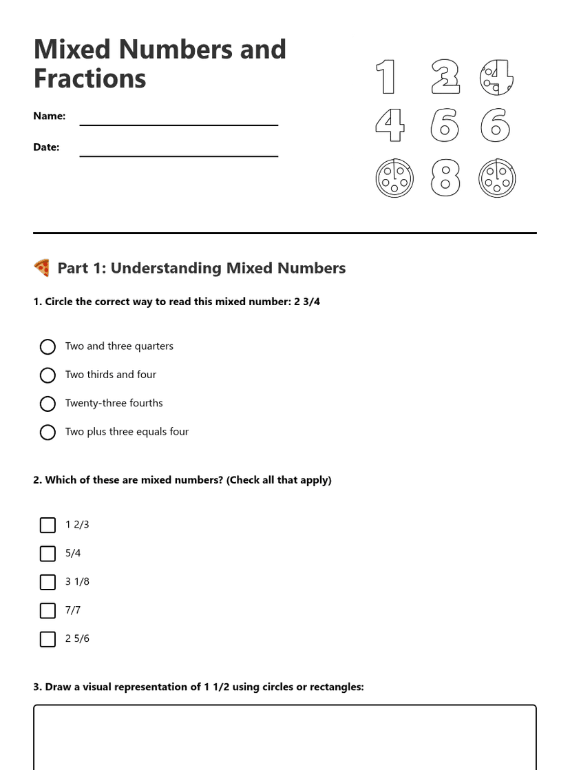 Mixed Numbers and Fractions — Free Printable Worksheet | Kuraplan