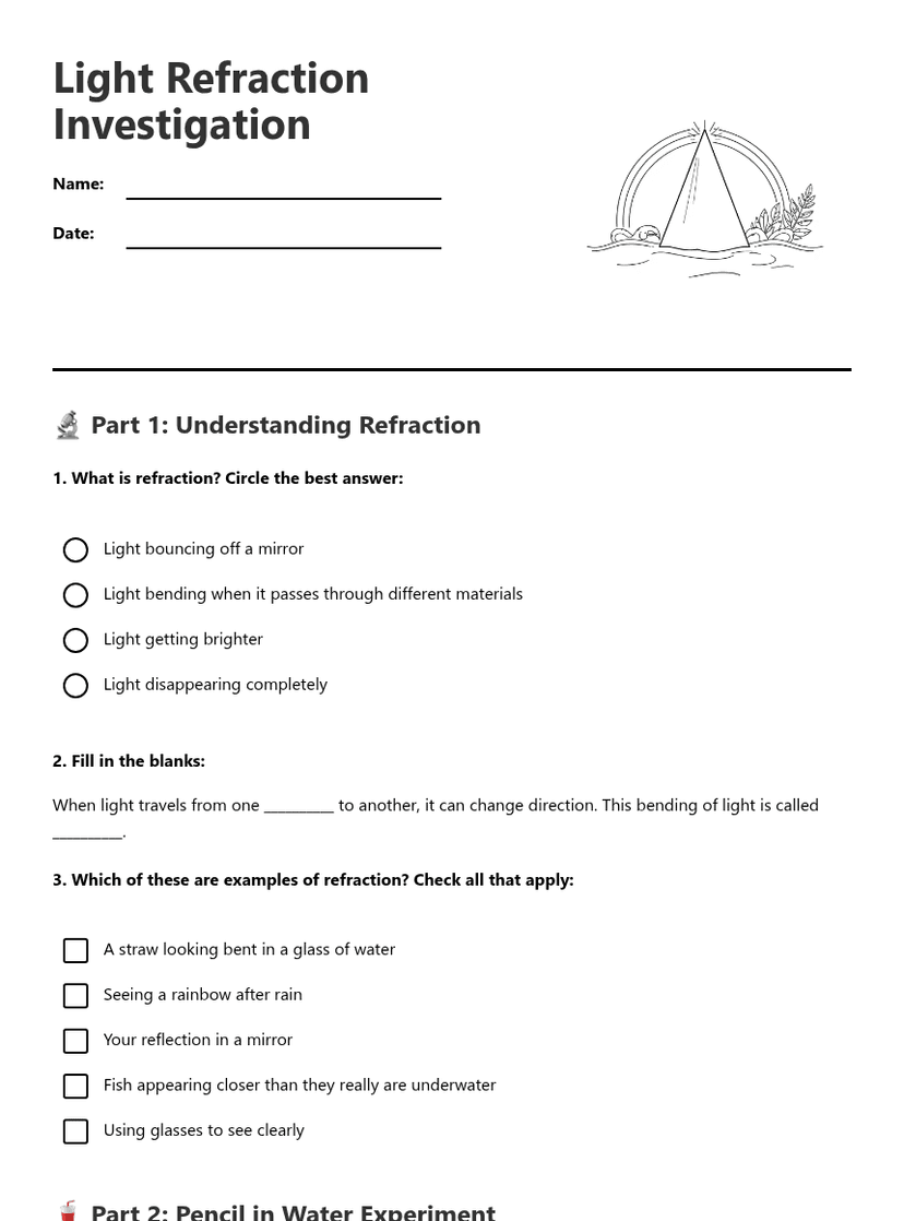 Light Refraction Investigation — Free Printable Worksheet | Kuraplan