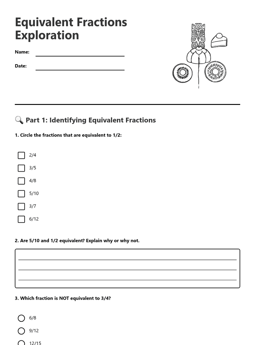 Equivalent Fractions Exploration — Free Printable Worksheet | Kuraplan