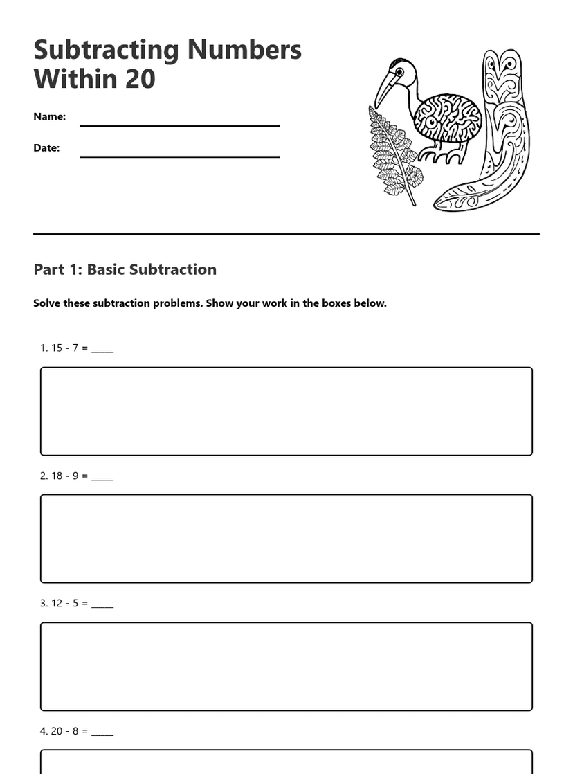 Subtracting Numbers Within 20 — Free Printable Worksheet | Kuraplan