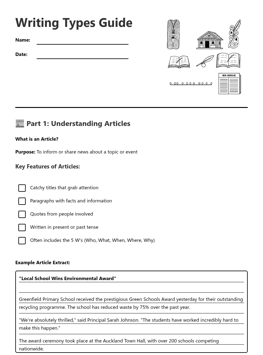 Recognizing Types Writing Worksheet Writing Types Guide — Free Printable Worksheet for English | Kuraplan