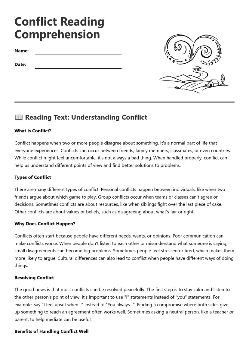 Conflict Reading Comprehension — Free Printable Worksheet | Kuraplan