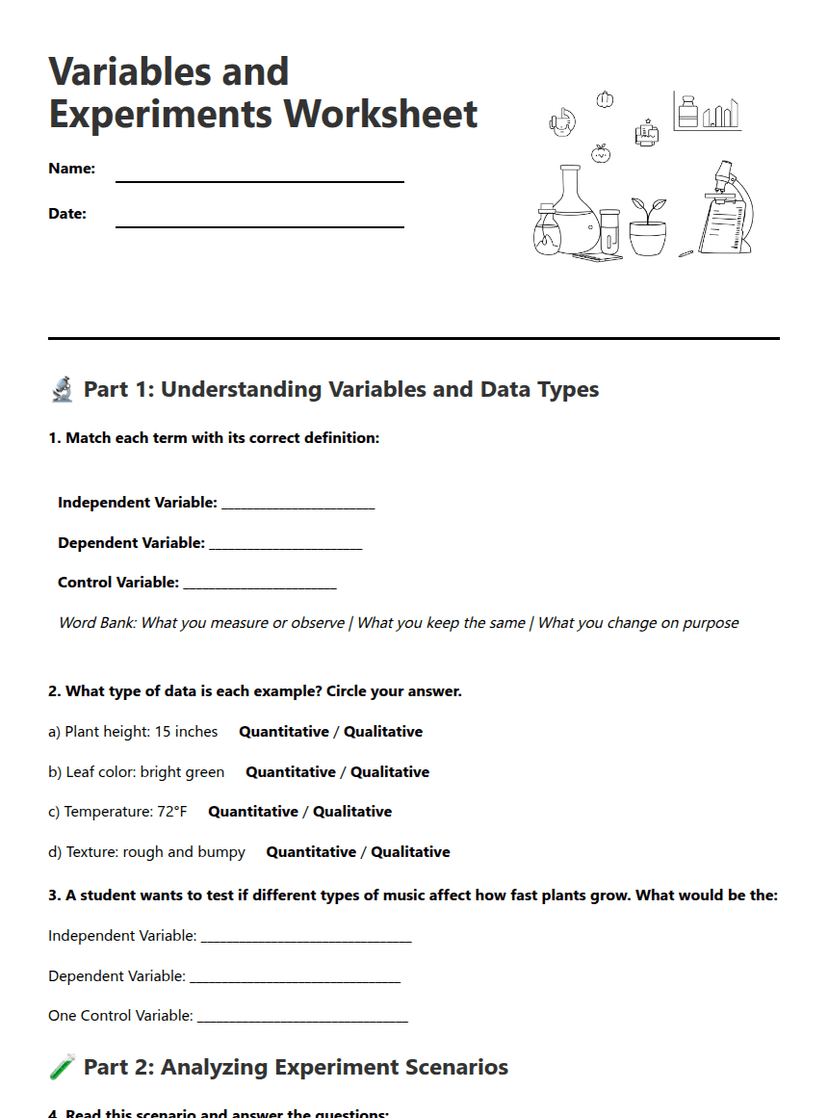 Variables and Experiments Worksheet — Free Printable Worksheet for ...